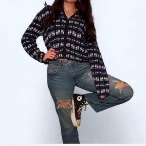 Plaid Button-Up Shirt and Distressed Jeans